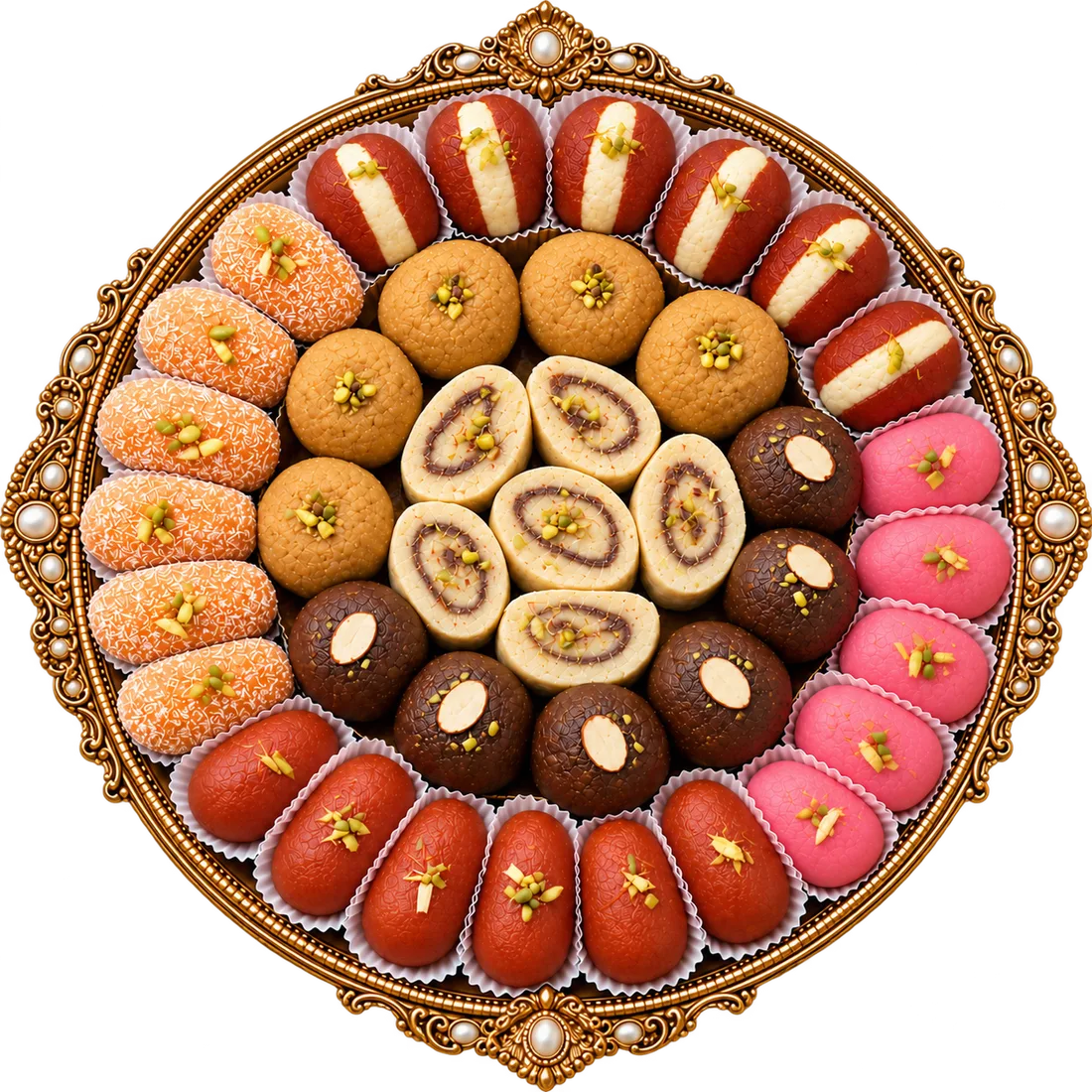 A gold platter of cham cham, ladoos and assorted mithai